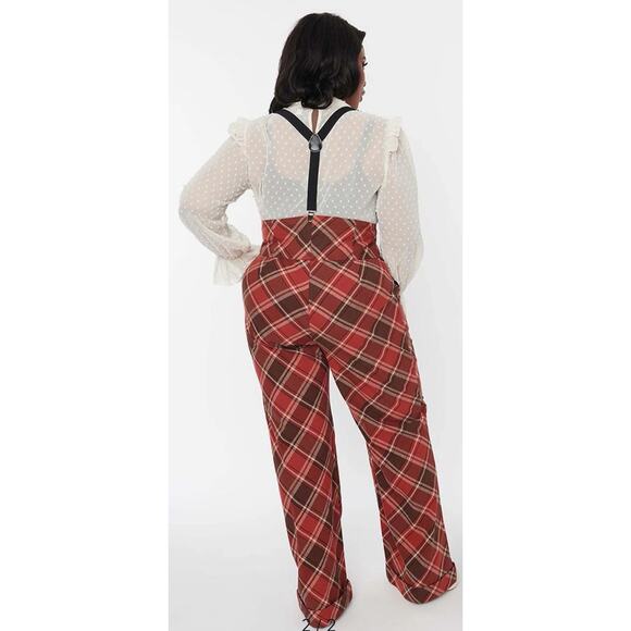 Unique Vintage Womens Suspenders Plaid Pants Red Brown Wide Leg Size 1X/16 NWOT - Picture 2 of 12